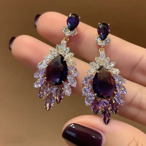 Paarse Strass Kwastje Hangende Oorbellen Legering Acryl Vintage Luxe Sprankelende Druppel Sieraden Met Zilveren Oorsteker