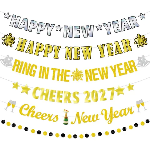 Happy New Year Banner Glitzer Papier Funkelnde Girlande Feiertagsdekoration Für Party Feier Event Hängende Ornamente