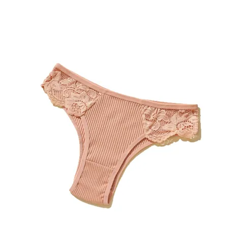 Bragas De Algodón Acanalado Para Mujer Cintura Baja Encaje Transpirable Color Sólido Ropa Interior Calzoncillos