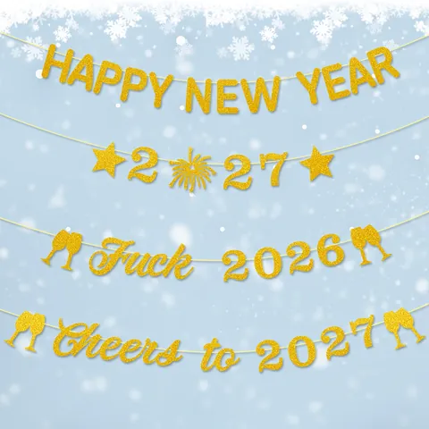Banner Felice Anno Nuovo 2026 Decorazione Per Feste Carta Glitterata Oro Bandierine Appese Per Celebrazione Casa