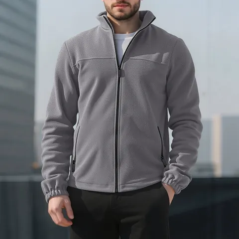 Men Polar Fleece Jacket Stand Collar Full Zip Sweatshirt Thick Warm Thermal Outdoor Casual Solid Color
