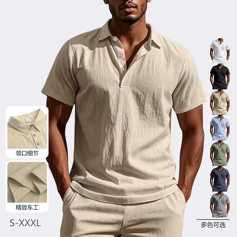 Men Short Sleeve Polo Shirt Linen Blend Breathable Summer Beach Casual Solid Color Lapel Button Top