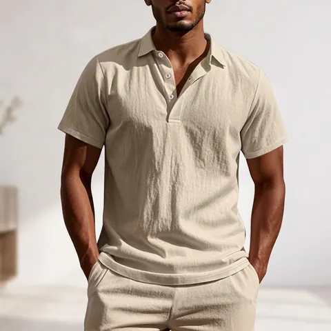Polo De Hombre Manga Corta Mezcla Lino Transpirable Verano Playa Casual Color Sólido Solapa Botón Camisa