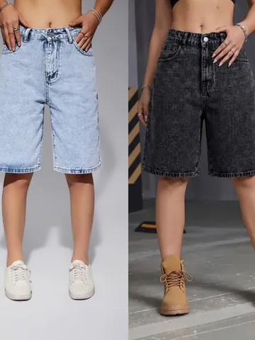 Pantaloncini Bermuda in Denim da Donna a Vita Alta Blu Chiaro Casual Ampi a Gamba Dritta Jeans Lavati Orlo a Taglio Vivo
