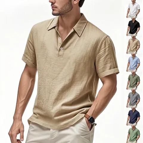 Men Short Sleeve Linen Polo Shirt Button Down Turn Collar Summer Casual Vacation Breathable Solid Tops