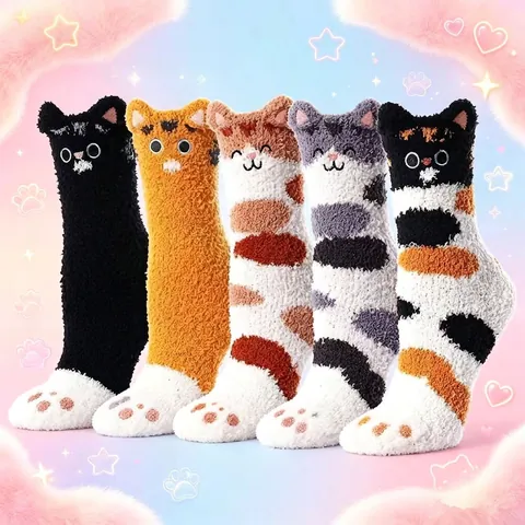 Women Cartoon Cat Animal Coral Fleece Socks Thick Warm Winter Cozy Home Sleep Novelty Fluffy