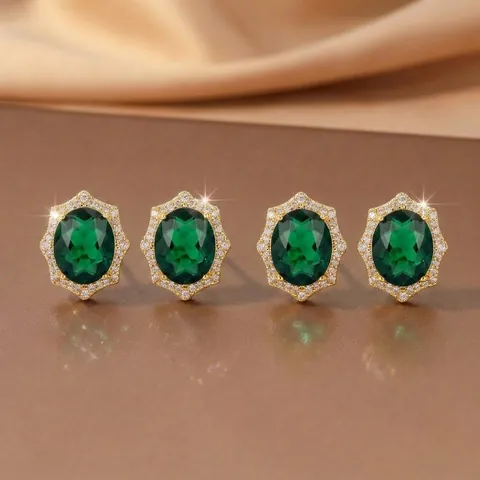 Retro Luxury Emerald Zirconia Pendant Necklace Earrings Set Gold Plated Stainless Steel Oval Geometric Jewelry For Women Party Wedding