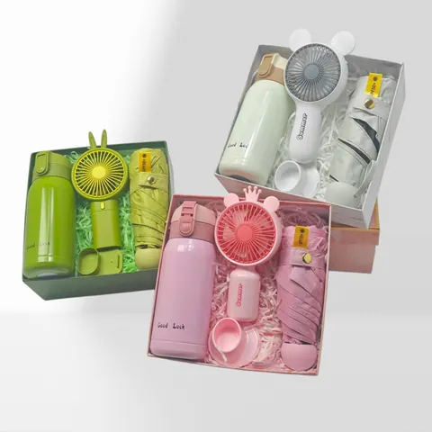 Luxury Business Souvenir Gift Set With Insulated Thermos Stainless Steel Water Bottle Folding Umbrella Mini Handheld Fan
