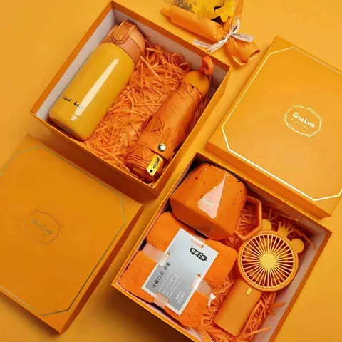 Luxury Business Souvenir Gift Set With Insulated Thermos Stainless Steel Water Bottle Folding Umbrella Mini Handheld Fan