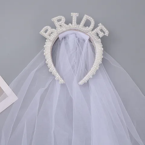 Diadema Perla Letra Bride Con Velo de Malla Blanco Perla Artificial Diamantes de Imitación Accesorios Pelo Novia Boda Fiesta Mujer