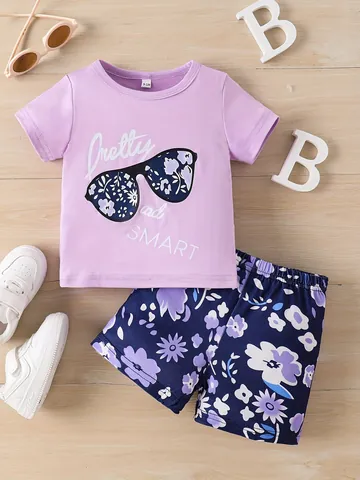 Mädchen Sommer Polyester Bekleidungsset Blumendruck Sonnenbrille Grafik Kurzarm T-Shirt Und Shorts Lässig Kinder Sportlich Outfit