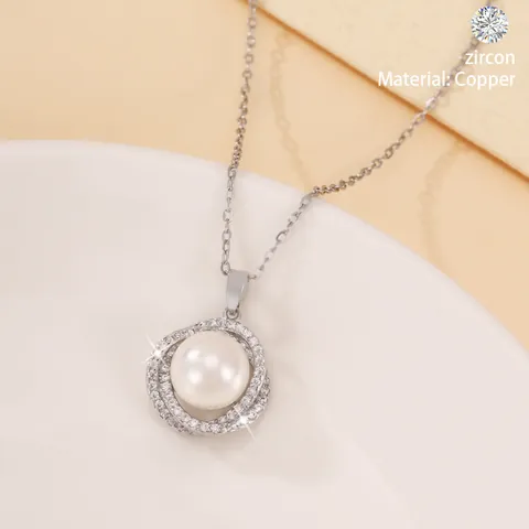 Koperen Zirkonia Kunstparel Hanger Ketting Voor Dames Elegant Planeet Stijl Sleutelbeen Ketting Sieraden Accessoire