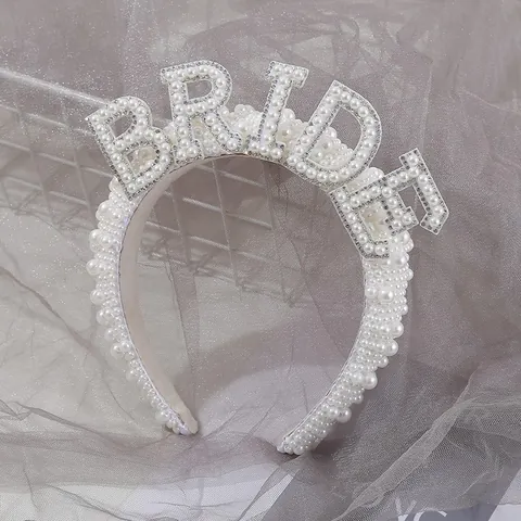 Diadema Perla Letra Bride Con Velo de Malla Blanco Perla Artificial Diamantes de Imitación Accesorios Pelo Novia Boda Fiesta Mujer