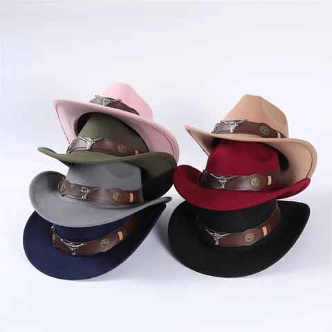 Western Cowboy Fedora Hut Wollfilz Jazz Hut Mit Silbernem Stierkopf Lederband Breite Gerollte Krempe Outdoor Mode Hut