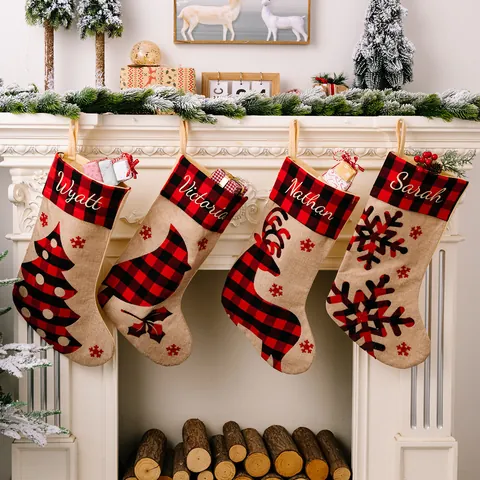 Grote Kerstsokken Rood Zwart Buffalo Geblokt Jute Stof Kerstmis Cadeauzak Voor Openhaard Decoratie Feestdagen Ornament