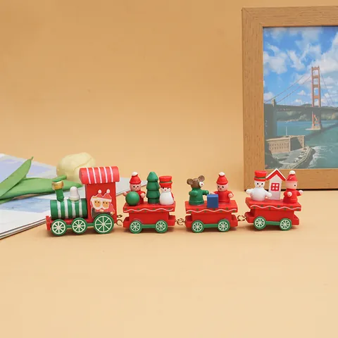 Tren de Navidad de Madera Adorno Juego 4 Secciones Decoración de Mesa Papá Noel Muñeco de Nieve Oso Dibujos Animados Regalo