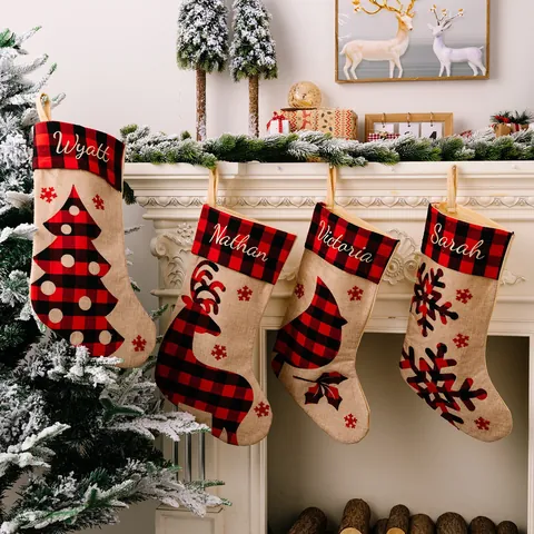 Grote Kerstsokken Rood Zwart Buffalo Geblokt Jute Stof Kerstmis Cadeauzak Voor Openhaard Decoratie Feestdagen Ornament
