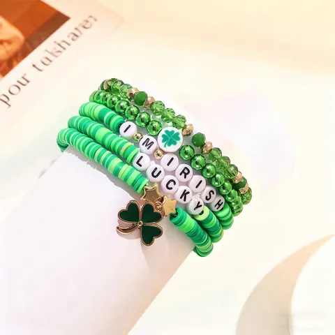 St. Patrick's Day Bracelet Set Green Polymer Clay Beads Shamrock Clover Pendant Lucky Letter Beads Irish Festival Women Jewelry