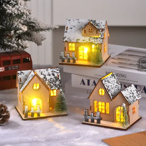 Wooden LED Christmas Cabin Ornament Glowing Snow House Tabletop Decoration For Home Winter Xmas Festive Holiday Decor Gift