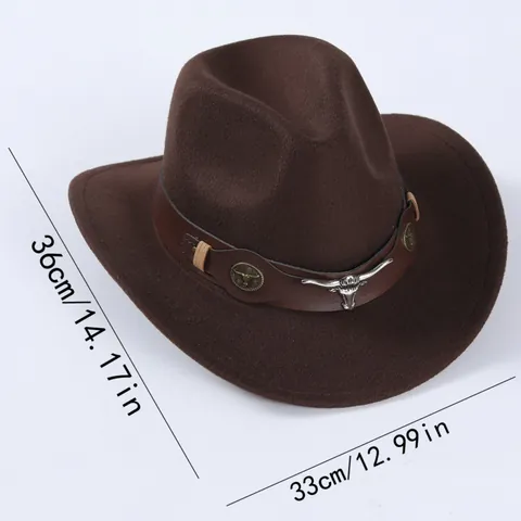 Western Cowboy Fedora Hut Wollfilz Jazz Hut Mit Silbernem Stierkopf Lederband Breite Gerollte Krempe Outdoor Mode Hut