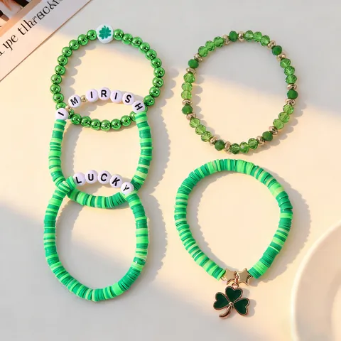 St. Patrick's Day Bracelet Set Green Polymer Clay Beads Shamrock Clover Pendant Lucky Letter Beads Irish Festival Women Jewelry