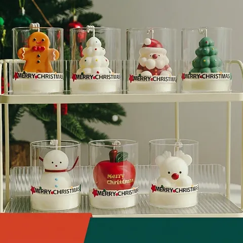 Bougie Parfumée de Noël en Verre Bougie Créative en Cire de Soja Décoration Festive Bonhomme Pain d'Épice Père Noël Cadeau