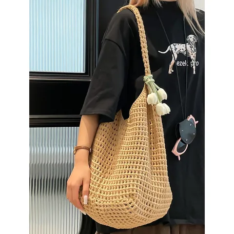 Sac Cabas pour Femmes Grande Capacité Tissage Ajouré Crochet Avec Charme de Fleur de Tulipe Mode Coréenne Plage Été