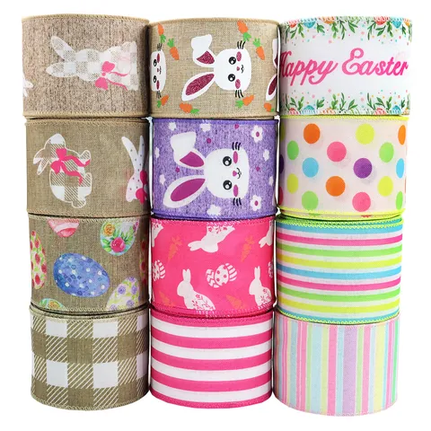 Cinta con Borde de Alambre de Pascua Poliéster Conejo Huevo de Pascua Cintas Estampadas para Bricolage Lazos Regalo Fiesta