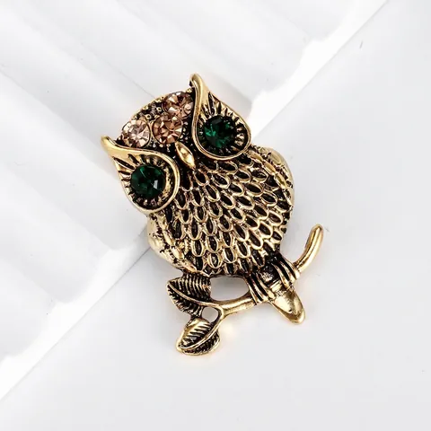 Vintage Legierung Eule Brosche Für Damen Herren Bronze Galvanisiert Grün Strass Tier Brustnadel Retro Schmuck Zubehör Geschenk