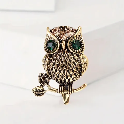 Vintage Legierung Eule Brosche Für Damen Herren Bronze Galvanisiert Grün Strass Tier Brustnadel Retro Schmuck Zubehör Geschenk