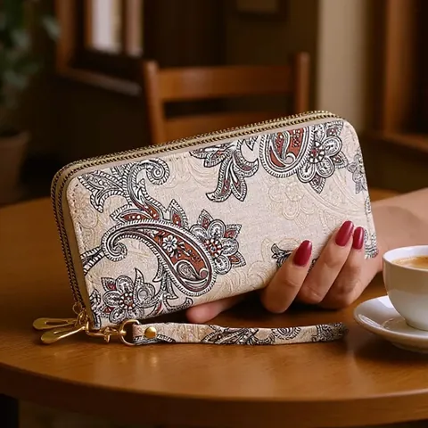Women's Paisley Print Long Wallet Double Zipper Vintage Large Capacity Phone Clutch Bag With Wristlet Strap Retro PU Purse