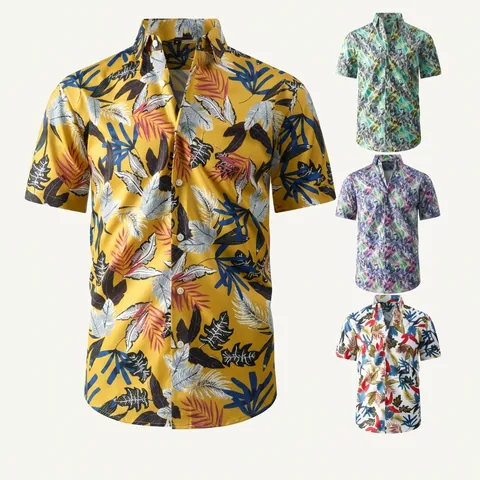 Camicia da Spiaggia Hawaiana da Uomo Stampa Foglie Tropicali Manica Corta Abbottonata Camicia Casual da Vacanza Poliestere