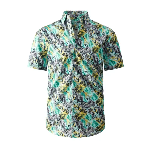 Camicia da Spiaggia Hawaiana da Uomo Stampa Foglie Tropicali Manica Corta Abbottonata Camicia Casual da Vacanza Poliestere