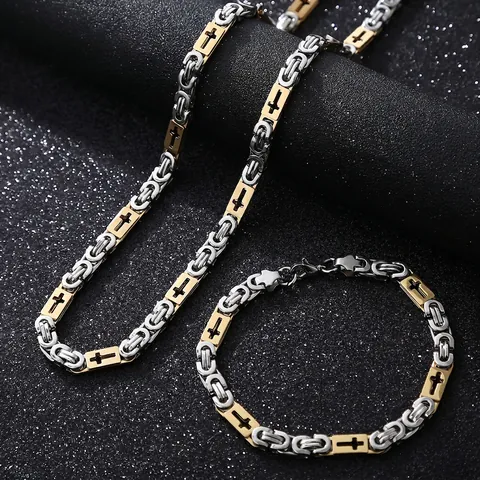 Roestvrijstalen Byzantijnse Ketting Halsketting Armband Set Voor Heren Dames Kruis Hanger Religieuze Mode Sieraden Hip Hop