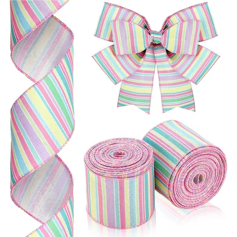 Easter Burlap Ribbon Wired Edge Polyester Rainbow Striped Craft Ribbon For DIY Wreaths Gift Wrapping Spring Party Home Decor Ribbon Roll
