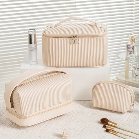 Trousse à Maquillage en Cuir PU Grande Capacité Imperméable Plissée Toast Voyage Trousse de Toilette Portable Double Couche Sac à Main pour Femme