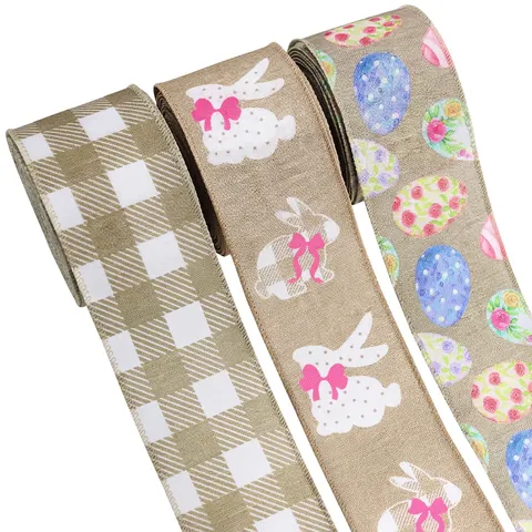 Ruban à Bord Filaire de Pâques Polyester Lapin Œuf de Pâques Imprimé Rubans pour Bricolage Noeuds Emballage Cadeau Fête