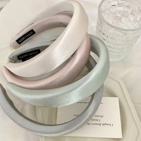 Serre-tête Élégant en Satin Éponge pour Femmes Couleurs Morandi Unies Haut de Tête Épais Accessoires Cheveux Printemps Été