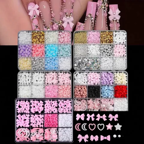12 Grids Mixed Nail Art Decoration Set Resin Bowknot Five Petal Flower Artificial Pearl Charms Hollow Moon Star For Nails