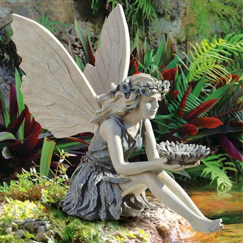 Sonnenblumen Fee Engel Vogelhäuschen Harz Statue Outdoor Garten Deko Handbemalt Steinoptik Flügel Skulpturen Ornament Hof