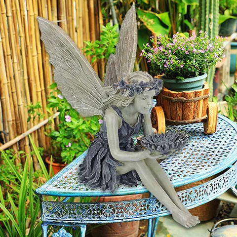 Sonnenblumen Fee Engel Vogelhäuschen Harz Statue Outdoor Garten Deko Handbemalt Steinoptik Flügel Skulpturen Ornament Hof