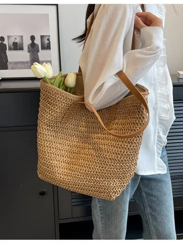 Women Straw Woven Tote Bag Large Capacity Handwoven Shoulder Bag With Leather Straps Summer Beach Vacation Casual Daily Bag