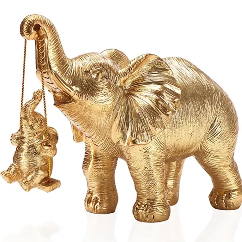 Resin Mother And Baby Elephant Cradle Figurine Gold Silver Metallic Home Decor Animal Sculpture Tabletop Ornament Gift