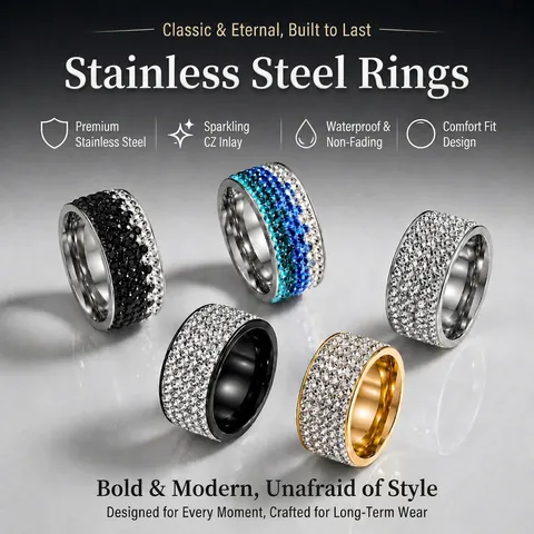 Anillo de Acero Inoxidable de Moda para Mujer Anillo de Banda con Incrustaciones de Cinco Filas de Diamantes de Imitación de Lujo Accesorio de Joyería de Geometría Brillante para Fiesta Banquete Regalo