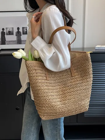 Grand Sac Cabas Tissé en Paille de Papier pour Femmes Sac à Épaule d'Été pour Plage avec Bandoulières en Cuir Marron et Fermeture Éclair
