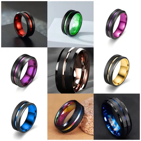 Edelstahl Ring 6mm 8mm Schwarz Gebürstete Oberfläche Bunte Rille Innen Poliert Industrieller Stil Bandring Schmuck Für Damen Herren