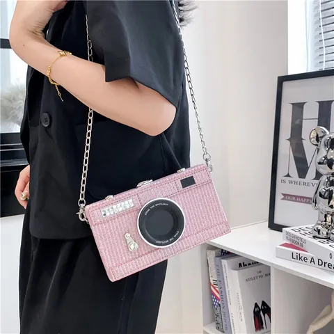 Koreanischer Stil Kamera Geformte Box Tasche Für Damen Mode Glitzer Pailletten Kleine Quadratische Schulter Umhängetasche Kette