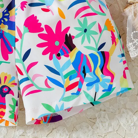 Mädchen Sommer Kleidung Outfit Rüschenärmel Rundhalsausschnitt Solid Top Blumen Tierdruck Shorts Casual Urlaub Mode Bekleidung
