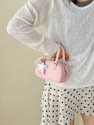 Borsa Bowling a Pois in Stile Coreano per Donna Borsa a Mano in Pelle PU alla Moda Con Ciondolo a Stella Tracolla Piccola