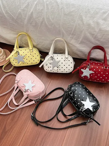 Borsa Bowling a Pois in Stile Coreano per Donna Borsa a Mano in Pelle PU alla Moda Con Ciondolo a Stella Tracolla Piccola